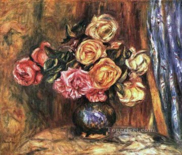  azul Pintura al %C3%B3leo - Rosas frente a una flor de cortina azul Pierre Auguste Renoir